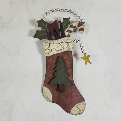 3 Holiday Hanging Decorations Snowmen Reindeer Stocking Wood Metal - Thumbnail 2