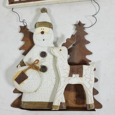 3 Holiday Hanging Decorations Snowmen Reindeer Stocking Wood Metal - Thumbnail 9