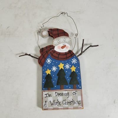 3 Holiday Hanging Decorations Snowmen Reindeer Stocking Wood Metal - Thumbnail 5