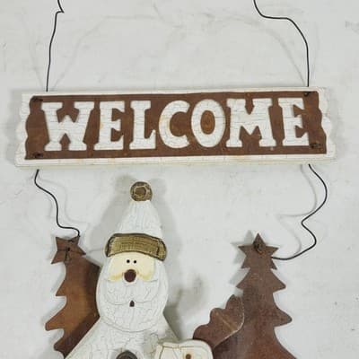 3 Holiday Hanging Decorations Snowmen Reindeer Stocking Wood Metal - Thumbnail 10