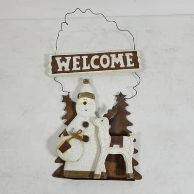 3 Holiday Hanging Decorations Snowmen Reindeer Stocking Wood Metal - Thumbnail 8