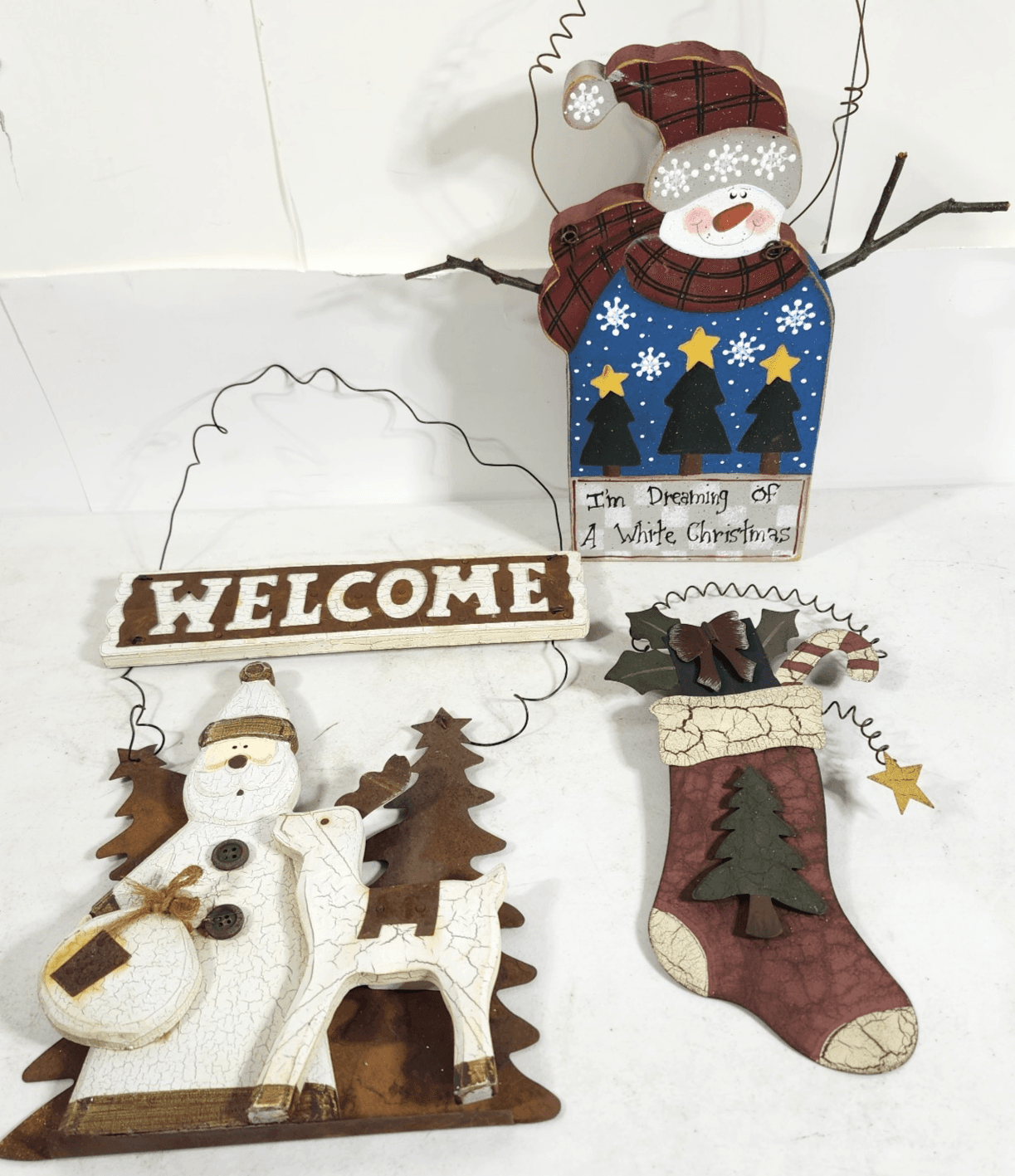 3 Holiday Hanging Decorations Snowmen Reindeer Stocking Wood Metal