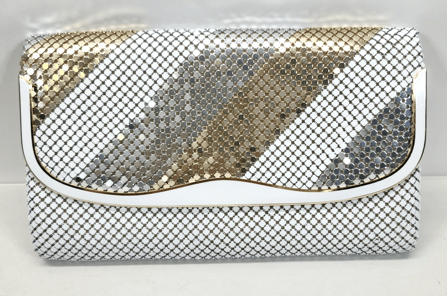 Women's Metal Handbag Purse White Gold Chainmail Mesh