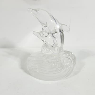 Vintage Dolphins Riding Wave Statue RCR Royal Crystal Rock Figurine Glass 5.5" - Thumbnail 2