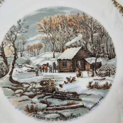Harkerware Currier Ives Gold Trim Plate A Home In The Wilderness 8" USA - Thumbnail 2