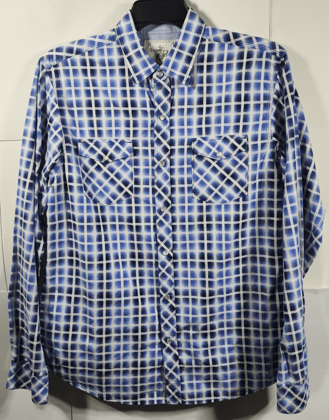 Age of Wisdom Shirt Men's Large Blue White Plaid Flap Pocket Button Up - Thumbnail 5