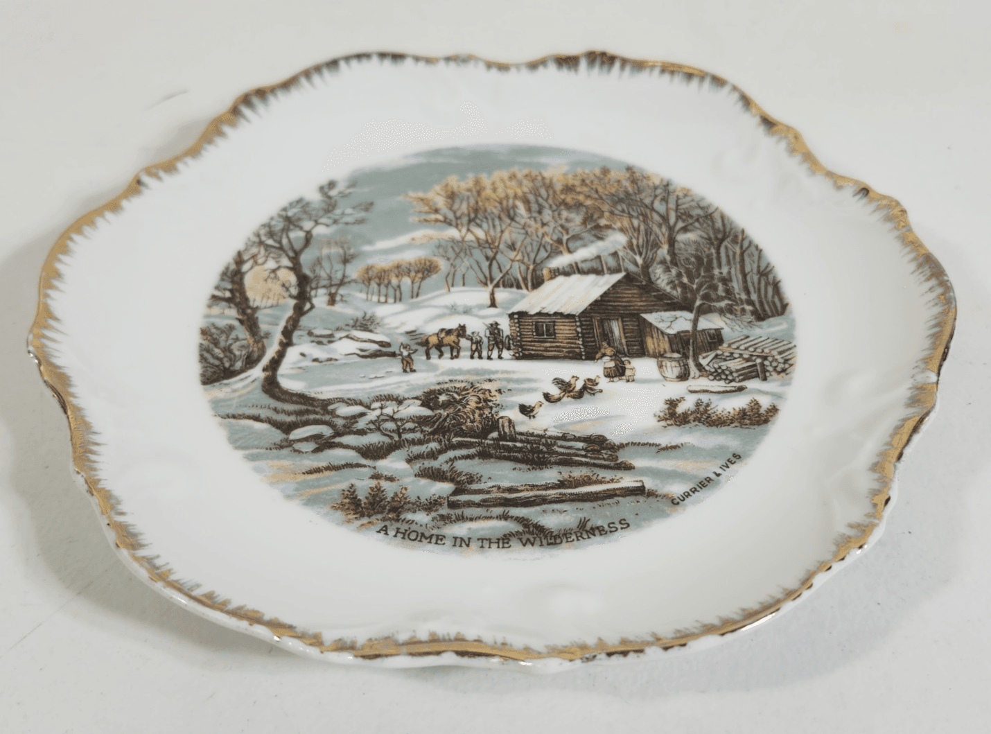 Harkerware Currier Ives Gold Trim Plate A Home In The Wilderness 8" USA - Thumbnail 3