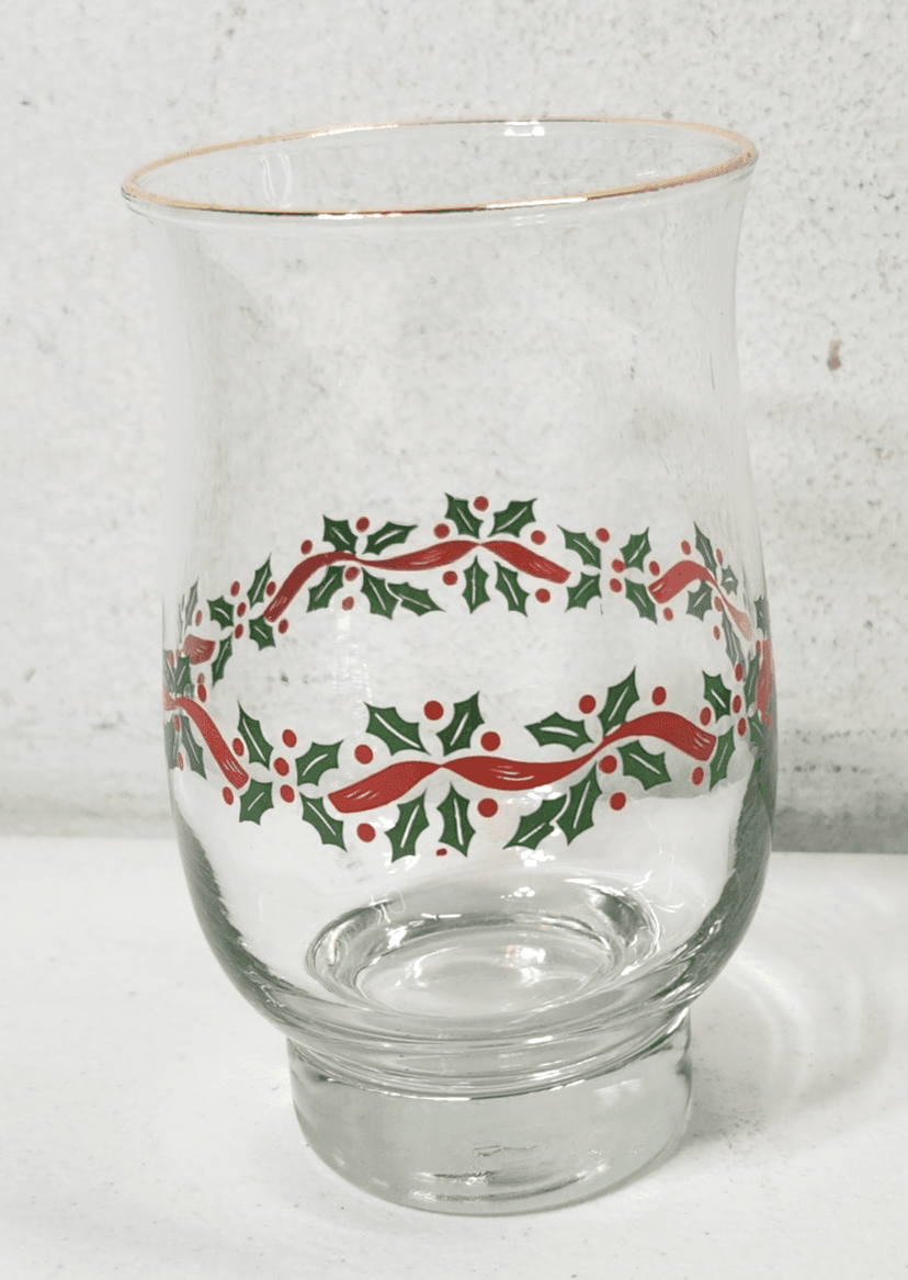 Libbey Christmas Holly Berry Hurricane Glass Cup Holiday Party Decor Vintage - Thumbnail 3
