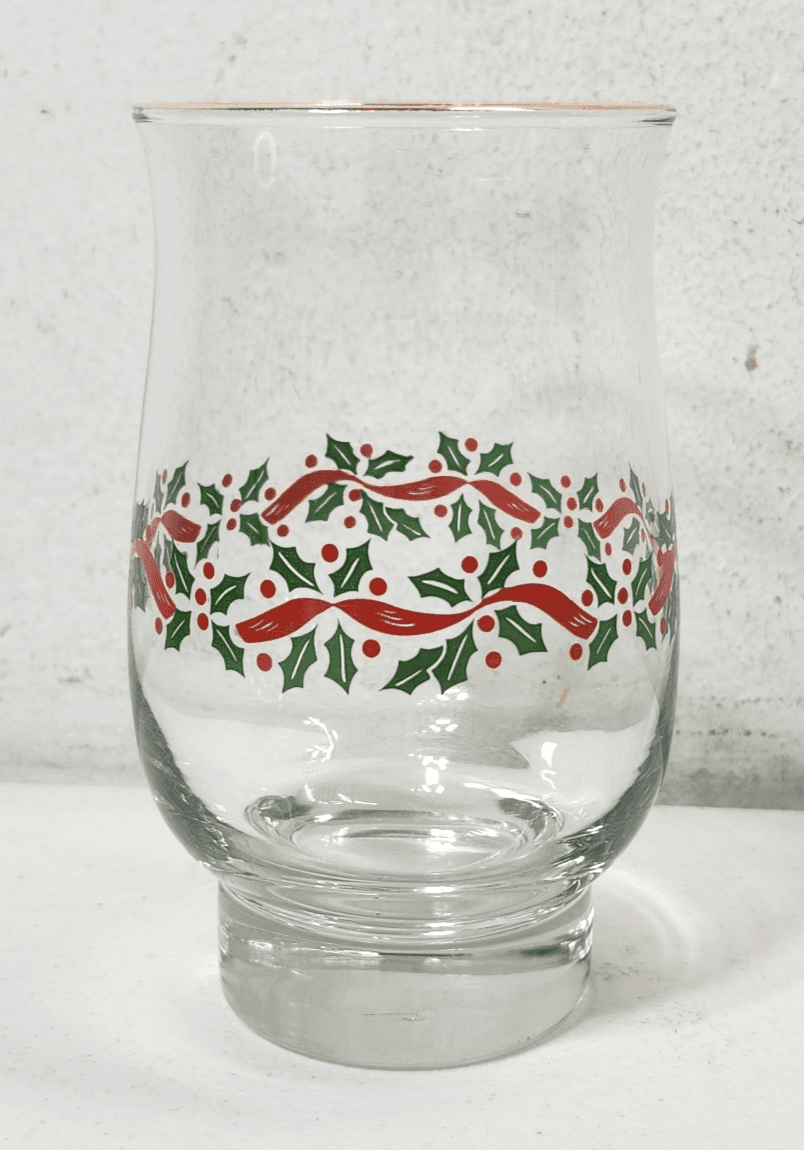 Libbey Christmas Holly Berry Hurricane Glass Cup Holiday Party Decor Vintage - Thumbnail 2