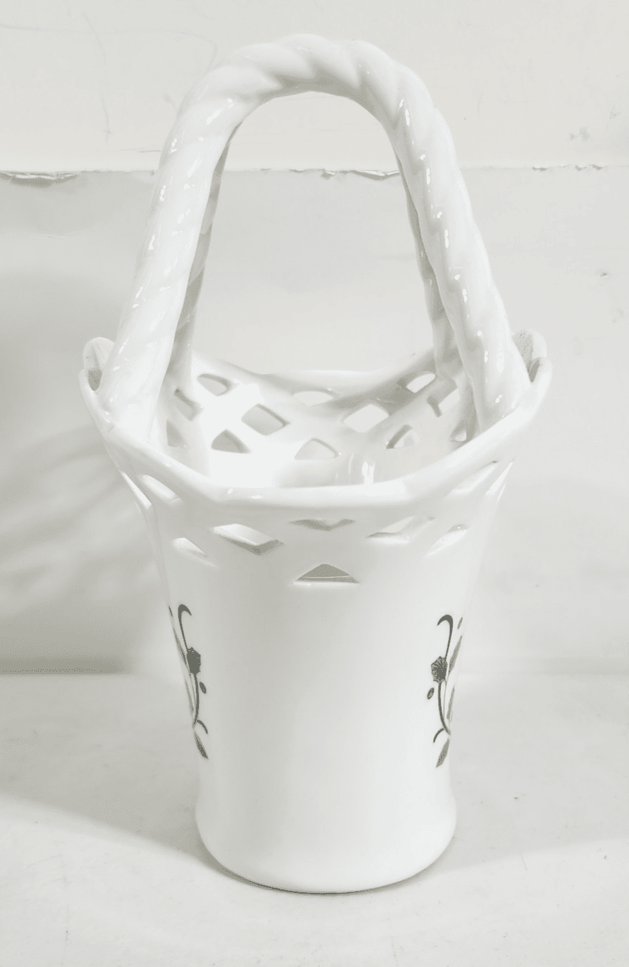 Mikasa White Glass Basket With Painted Holly Leaves 7" Home Decor Planter - Thumbnail 3