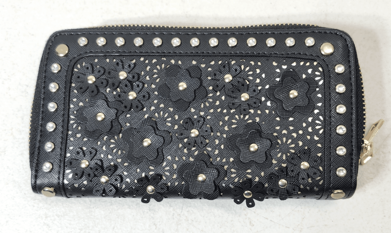 Under One Sky Women's Clutch Bag Wallet Black Floral Design Studded