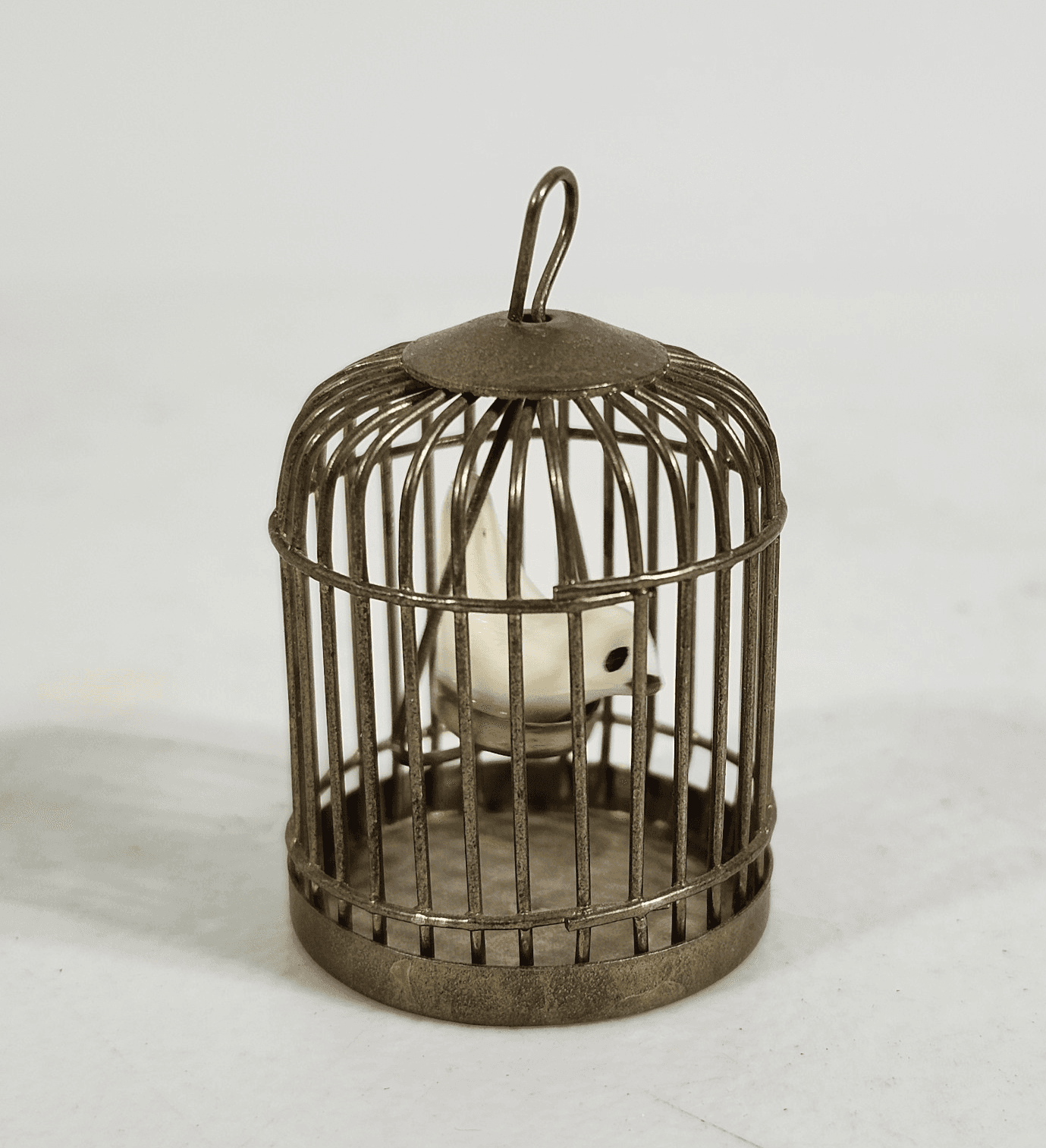 Miniature Dollhouse Brass Colored Birdcage With White Bird Vintage 1.25” X 1” - Thumbnail 2
