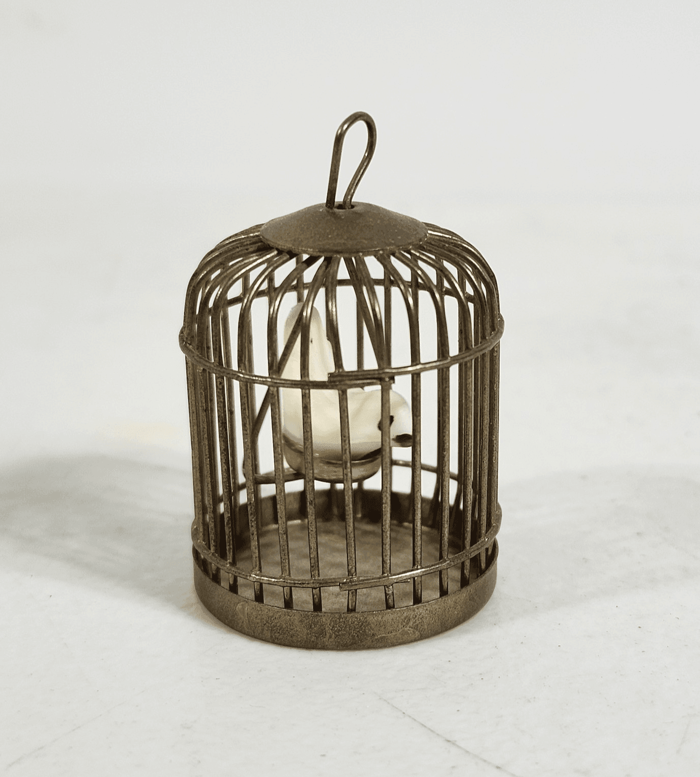 Miniature Dollhouse Brass Colored Birdcage With White Bird Vintage 1.25” X 1”