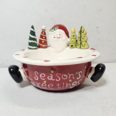 Porcelain Christmas Santa Bowl With 4 Holiday Tree Spreaders Knives - Thumbnail 4