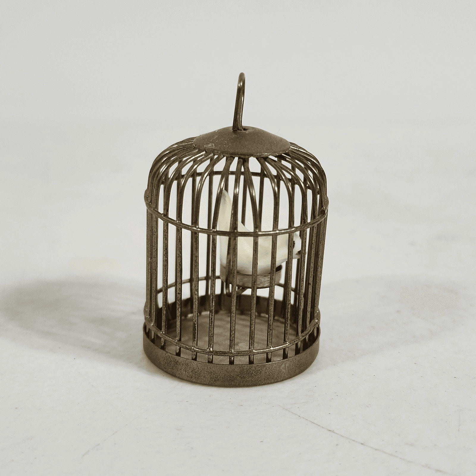 Miniature Dollhouse Brass Colored Birdcage With White Bird Vintage 1.25” X 1” - Thumbnail 3