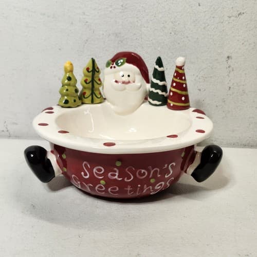 Porcelain Christmas Santa Bowl With 4 Holiday Tree Spreaders Knives - Thumbnail 7