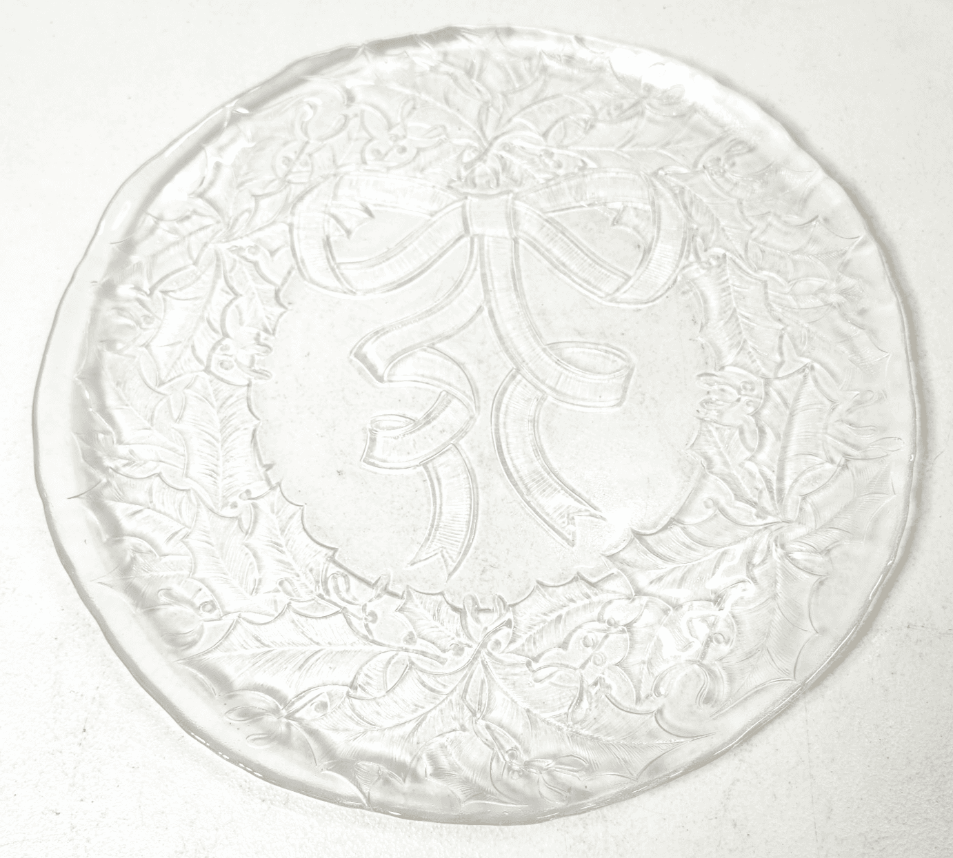 Decorative Art Glass Christmas Platter Plate 13" Holiday Bow & Holly Berries