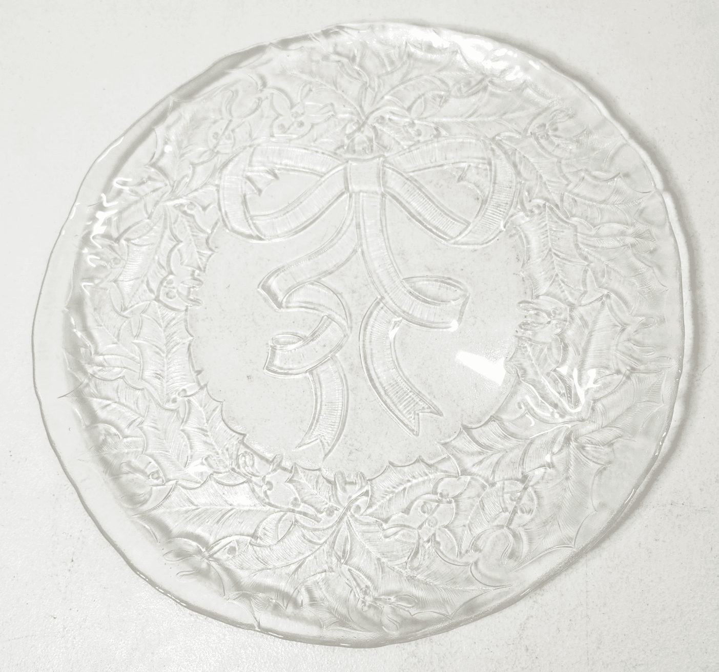 Decorative Art Glass Christmas Platter Plate 13" Holiday Bow & Holly Berries - Thumbnail 2