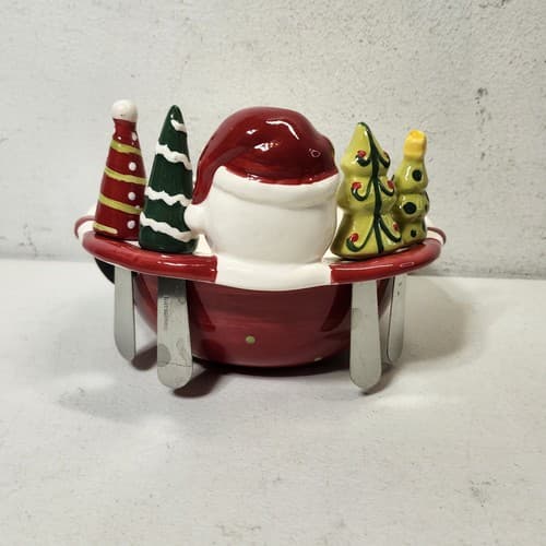 Porcelain Christmas Santa Bowl With 4 Holiday Tree Spreaders Knives - Thumbnail 9