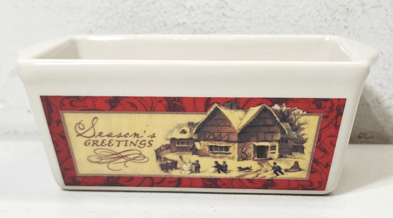 Nantucket Mini Loaf Bread Stoneware Dish Season's Greetings Design