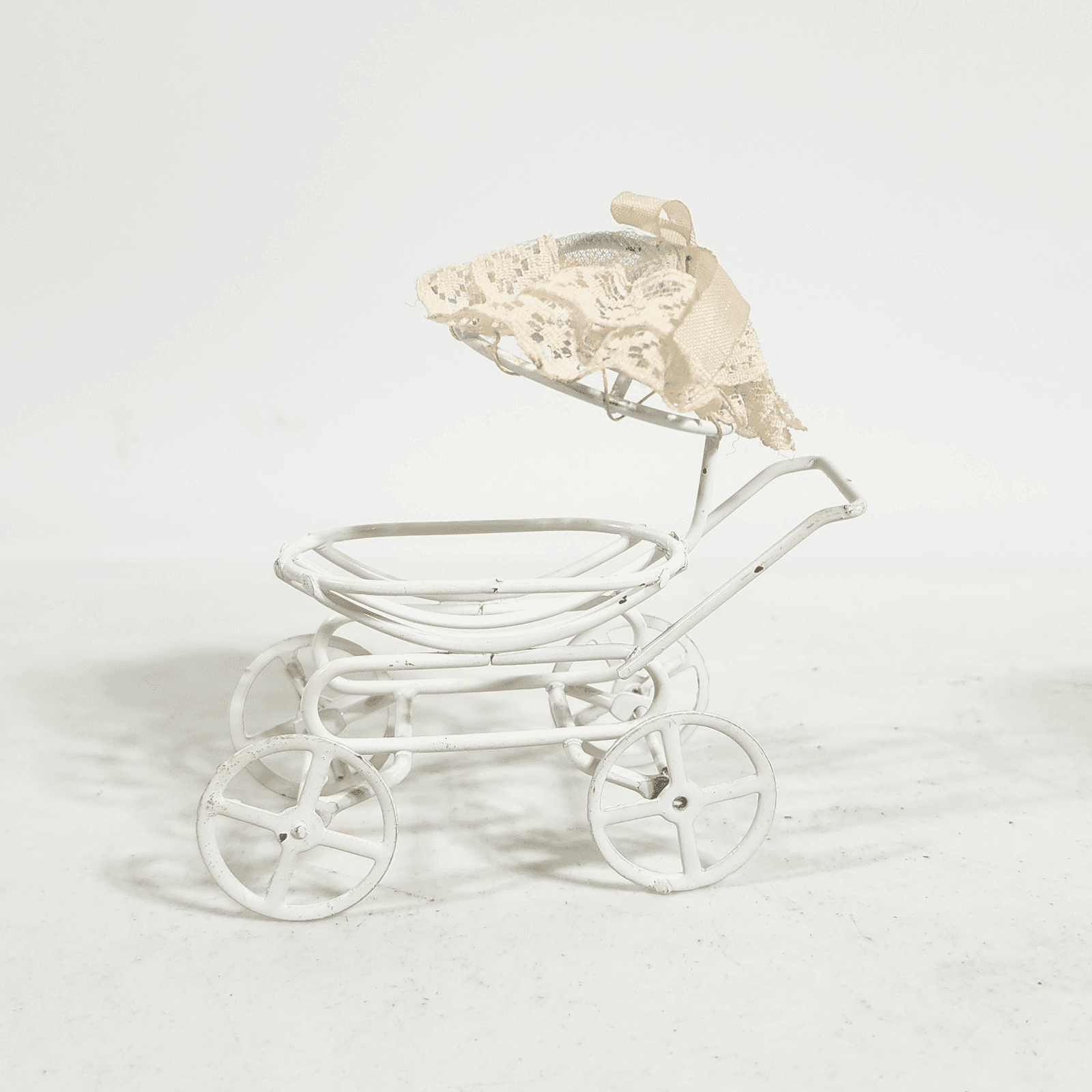 Miniature Dollhouse White Metal Rolling Baby Carriage w/Umbrella 3" - Thumbnail 6