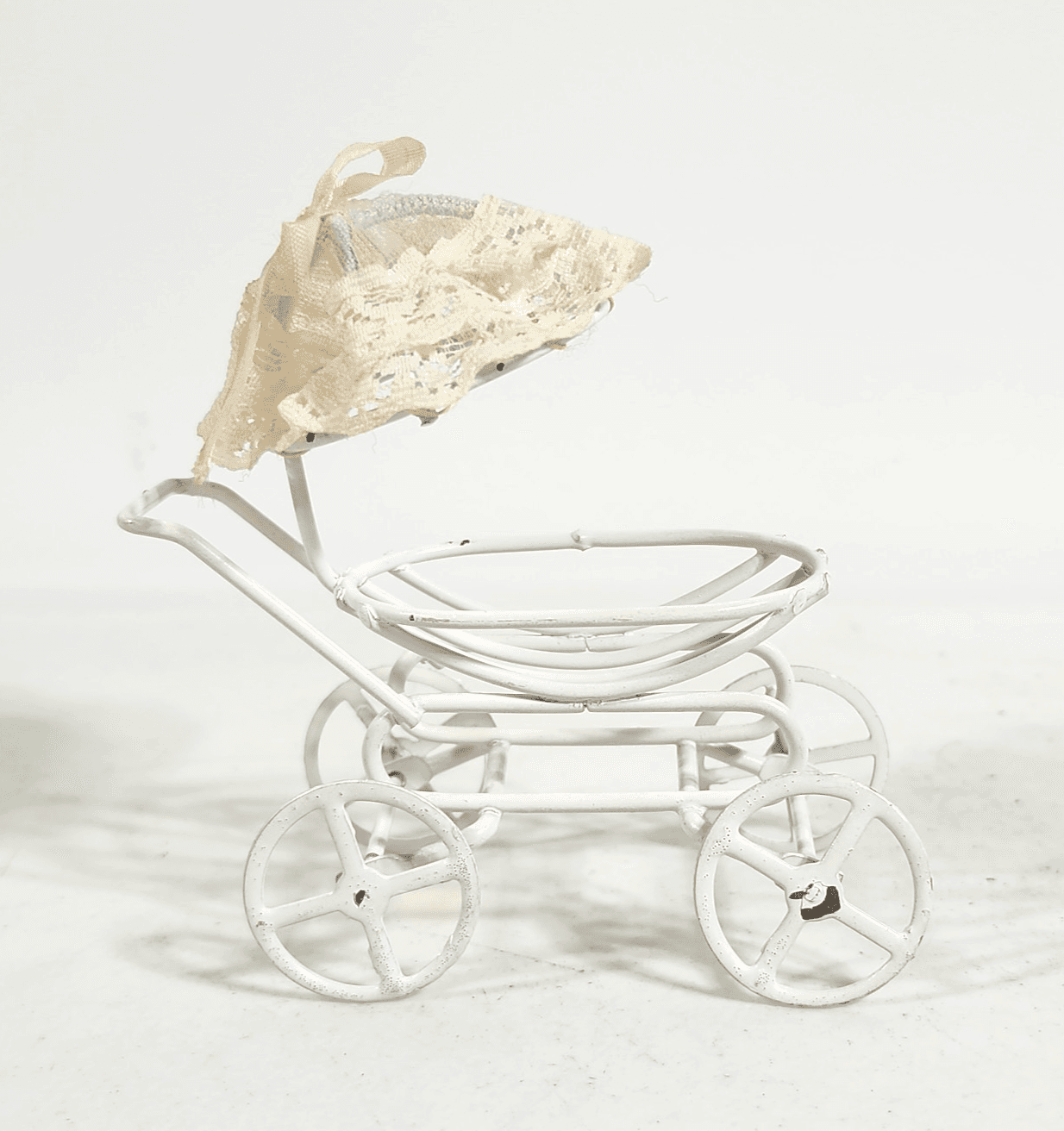 Miniature Dollhouse White Metal Rolling Baby Carriage w/Umbrella 3" - Thumbnail 2