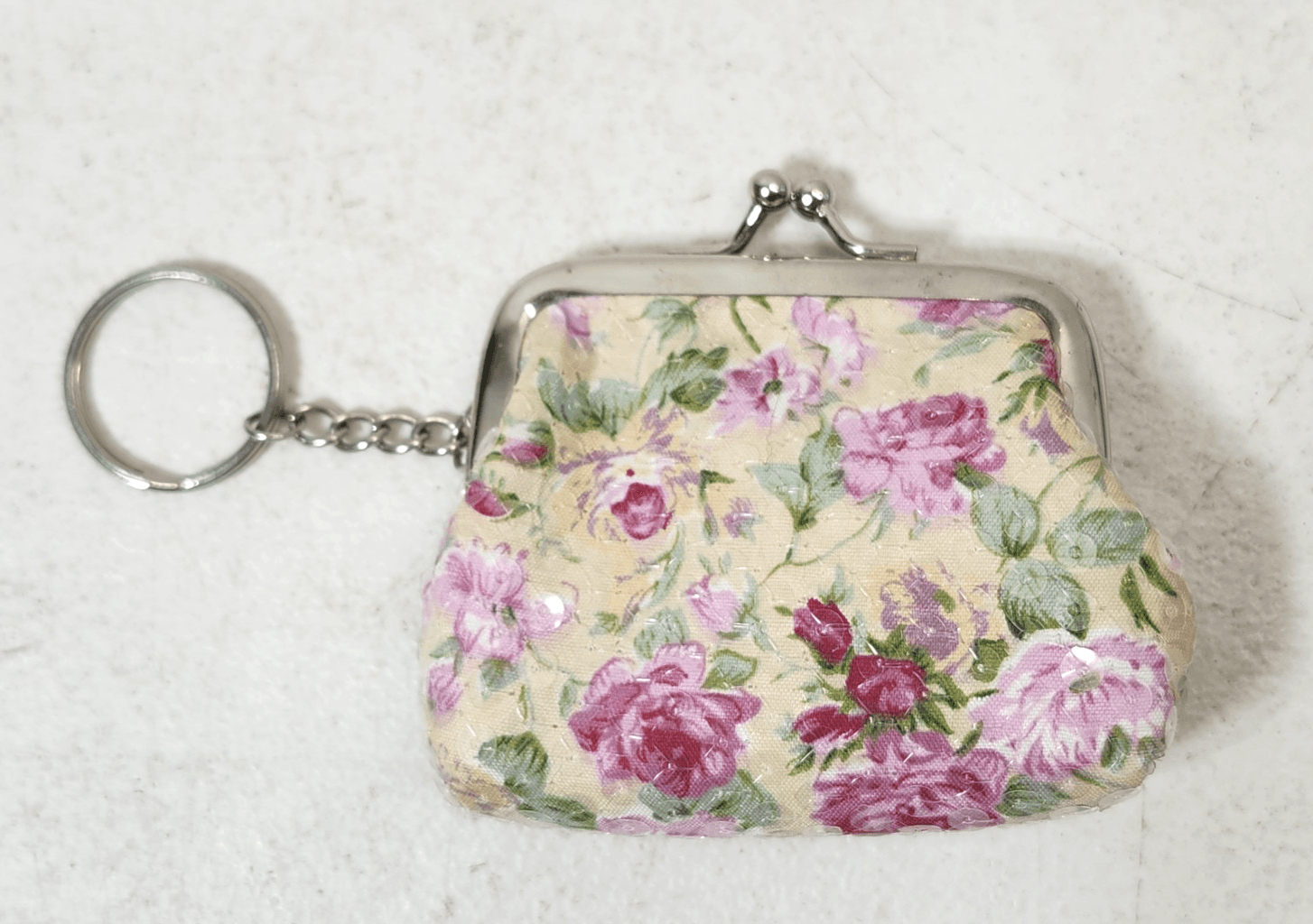Pink Floral Women's Coin Purse Keychain Kisslock Wallet Flower Design - Thumbnail 3