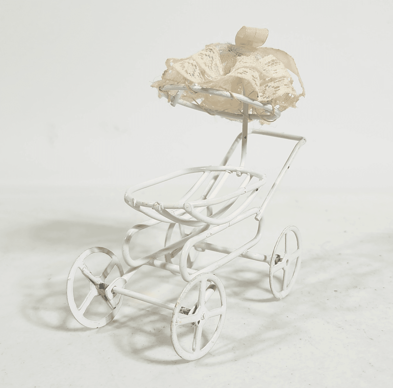 Miniature Dollhouse White Metal Rolling Baby Carriage w/Umbrella 3" - Thumbnail 5