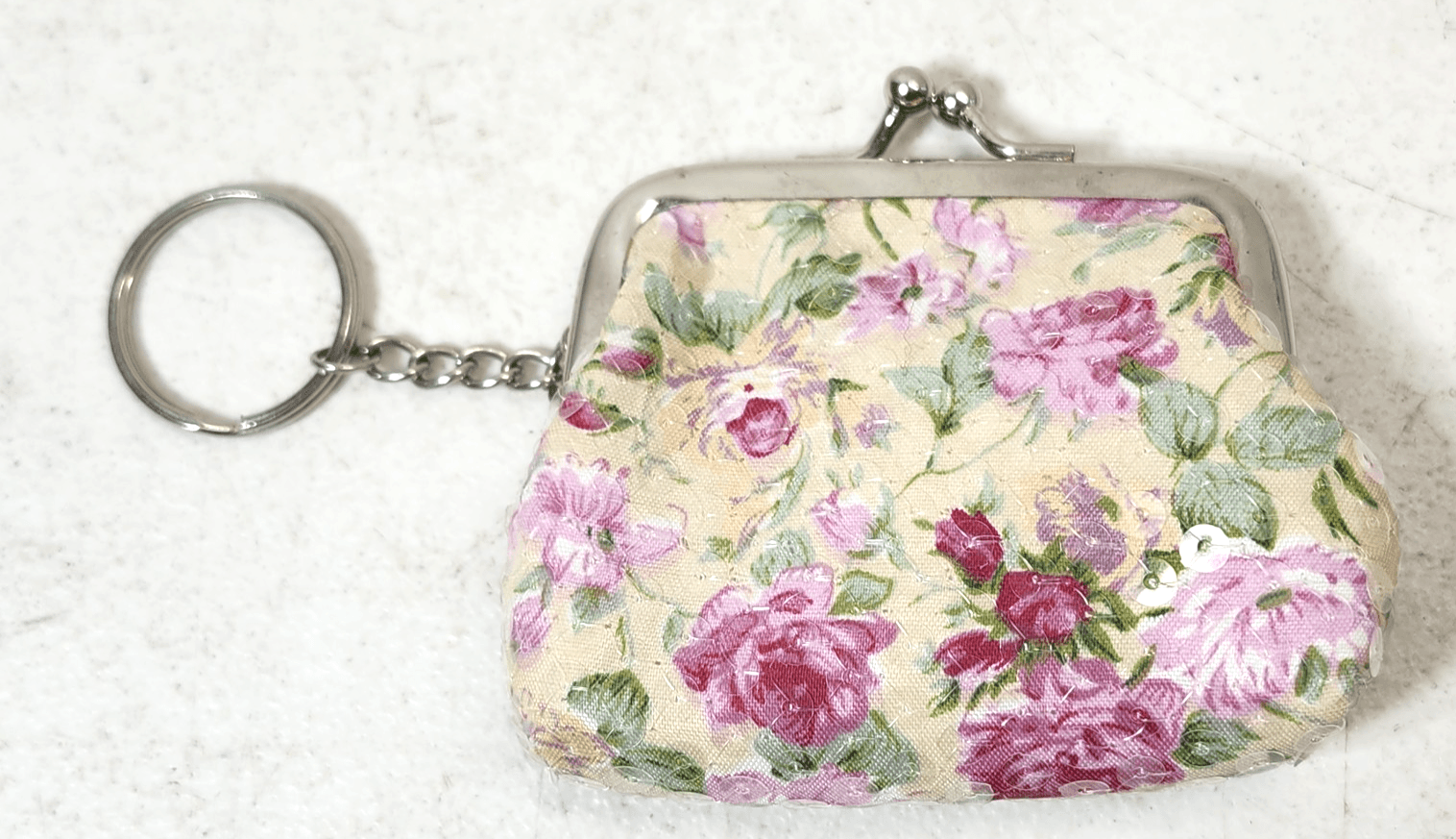 Pink Floral Women's Coin Purse Keychain Kisslock Wallet Flower Design - Thumbnail 2