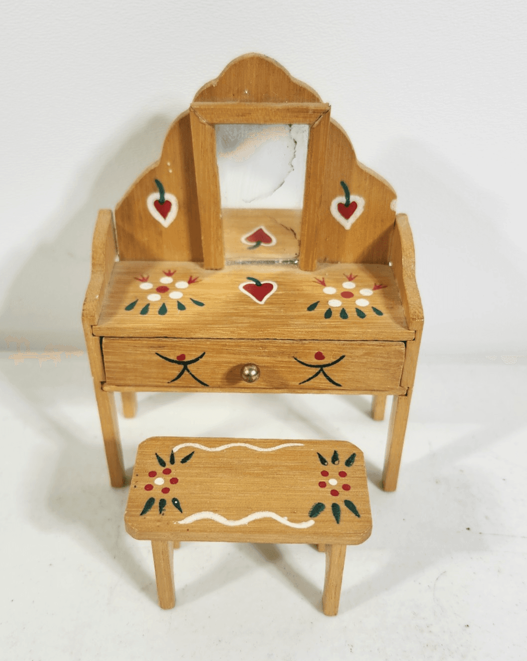 Vintage Dollhouse Miniature Painted Heart Wood Dressing Table & Stool