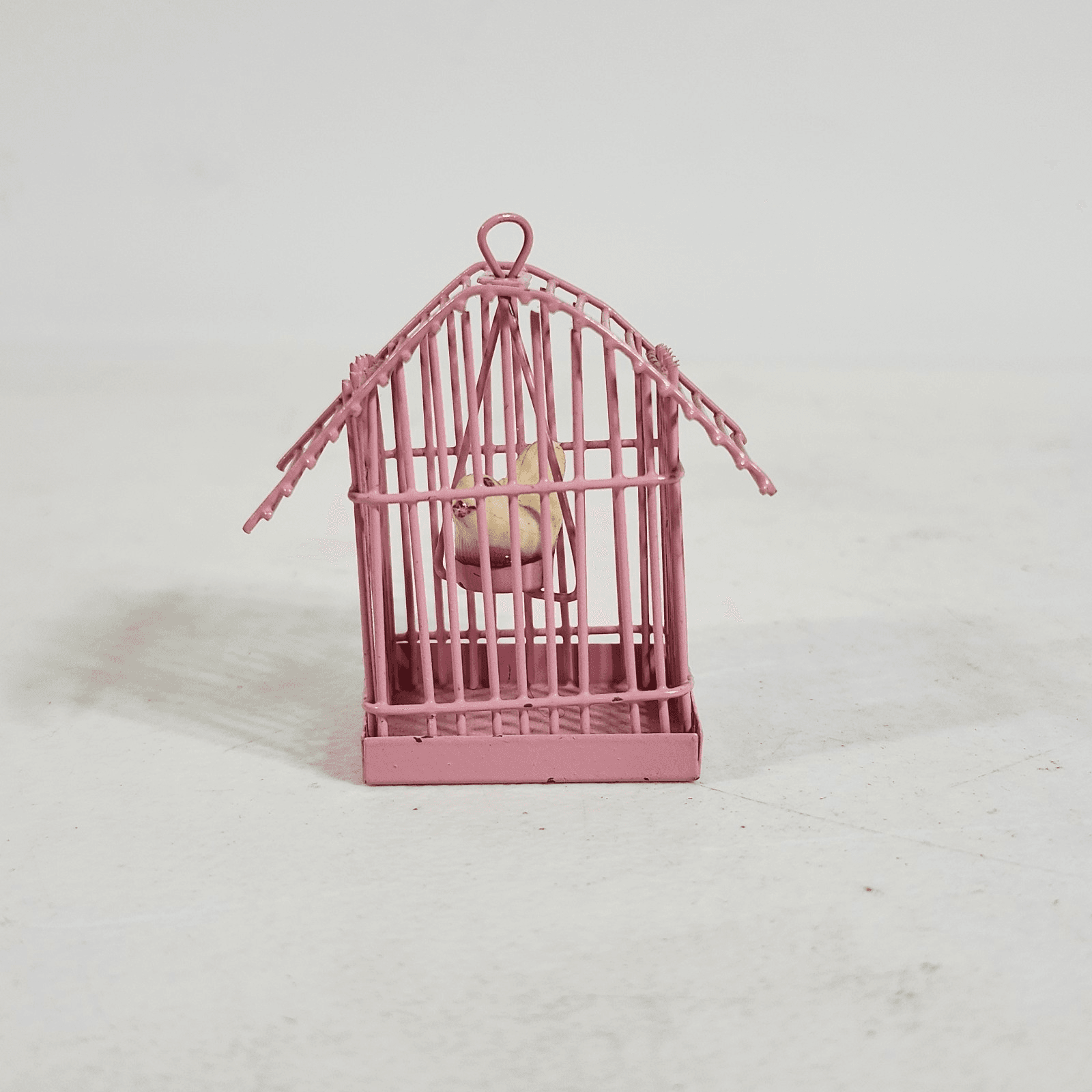Vintage 1.5" Pink Metal Birdcage with White Bird Dollhouse Size - Thumbnail 3