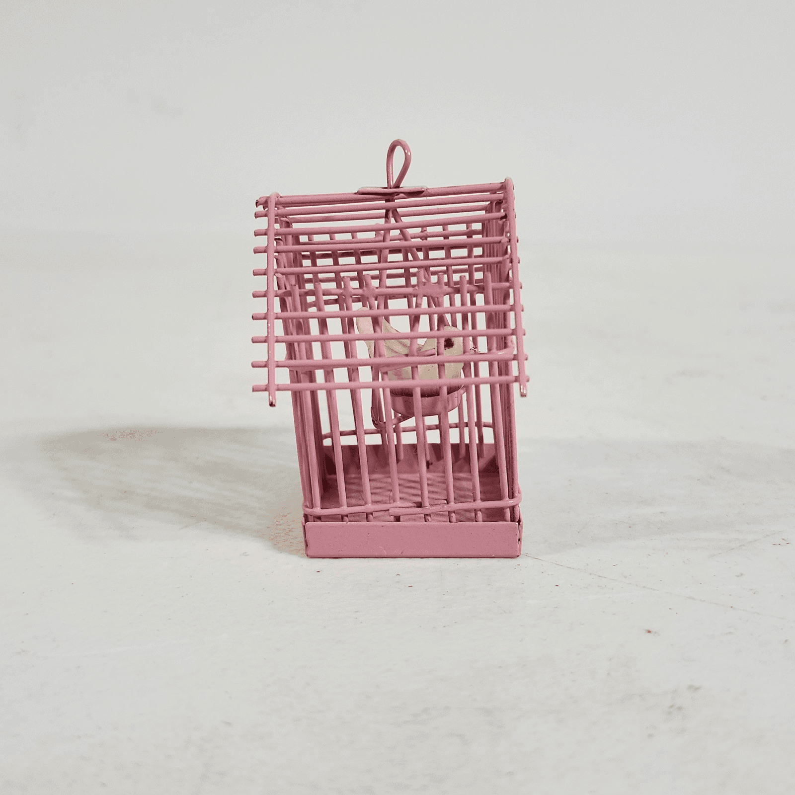 Vintage 1.5" Pink Metal Birdcage with White Bird Dollhouse Size - Thumbnail 2