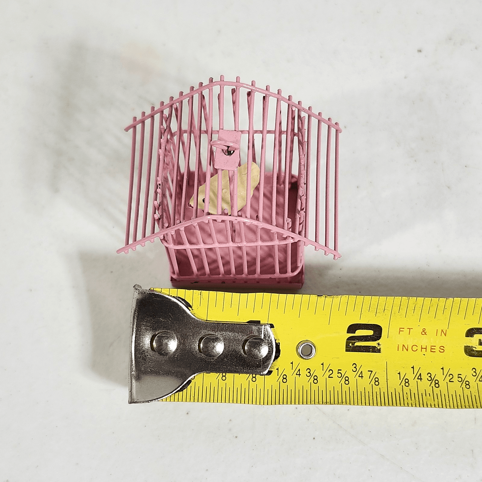 Vintage 1.5" Pink Metal Birdcage with White Bird Dollhouse Size - Thumbnail 4