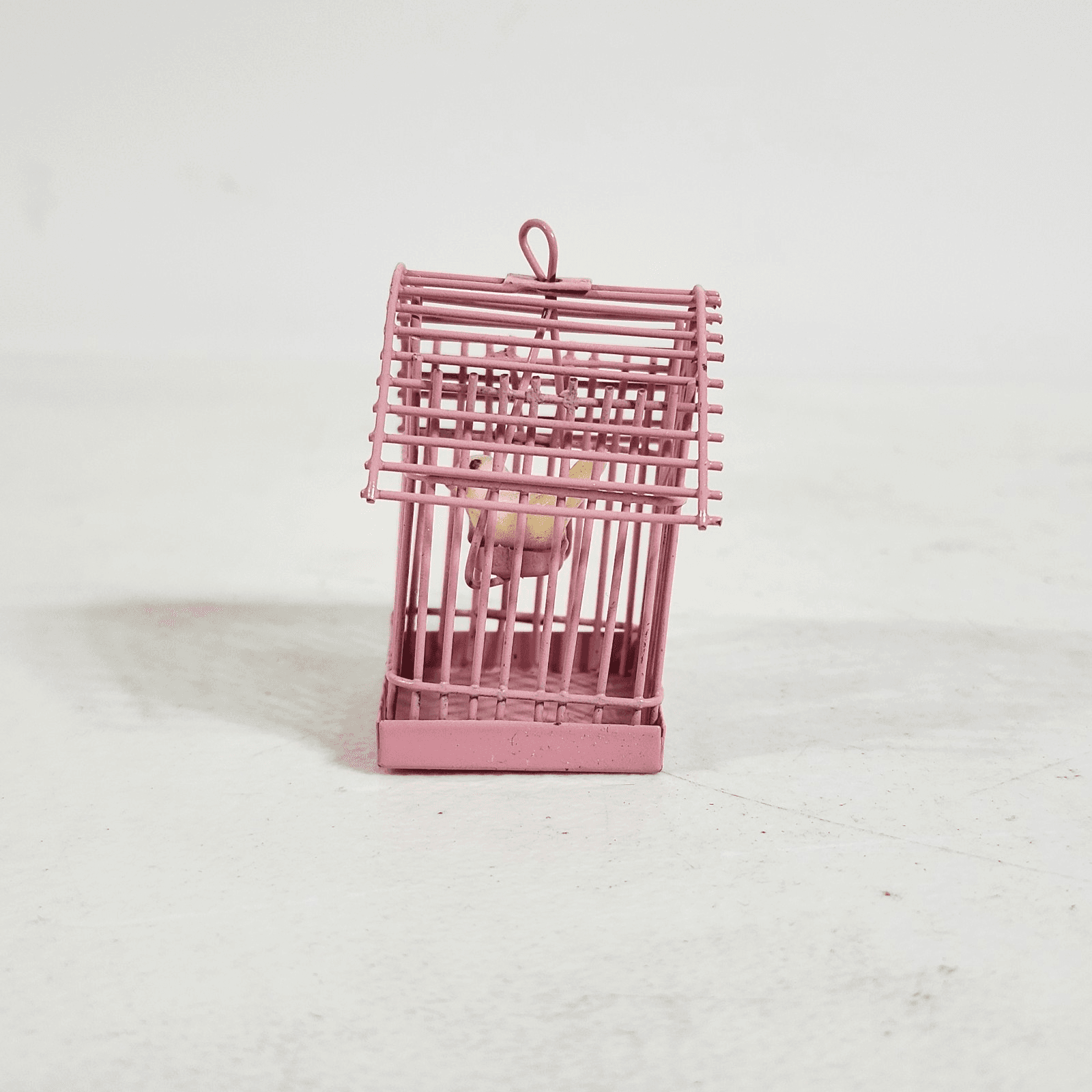 Vintage 1.5" Pink Metal Birdcage with White Bird Dollhouse Size - Thumbnail 6