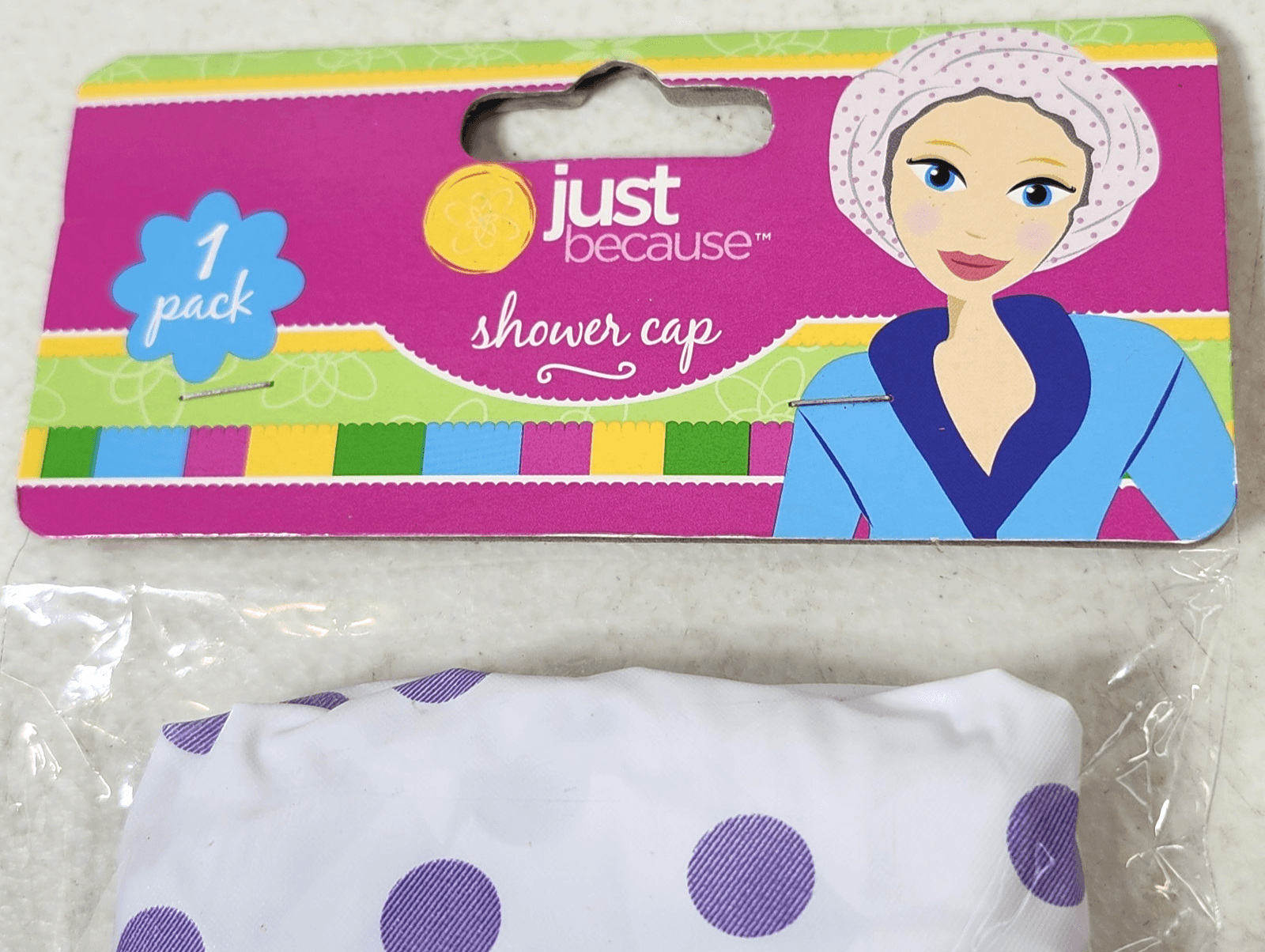 NEW Just Because Plastic Shower Cap Hat Protects Hair Reuseable Purple Dots - Thumbnail 2
