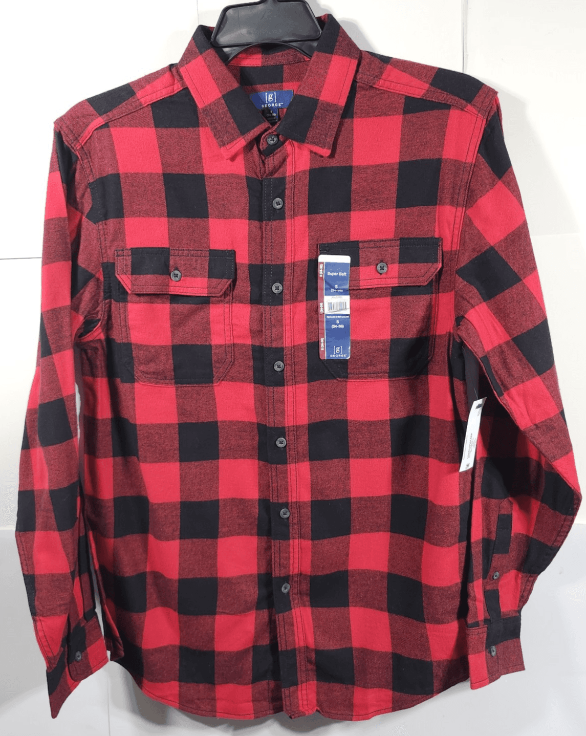 George Men's S Flannel Button Up Shirt Long Sleeve Red Black Plaid NEW - Thumbnail 5