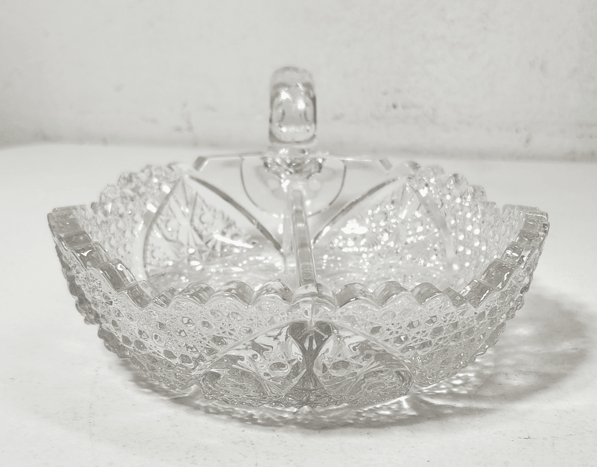 Vintage American Brilliant Cut Crystal Sawtooth Glass Handled Divided Bowl - Thumbnail 6
