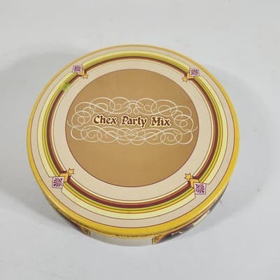 Chex Party Mix Tin Vintage 1980 Round Yellow Recipe On Back Lid 8" Four Seasons - Thumbnail 2