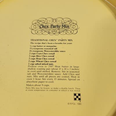 Chex Party Mix Tin Vintage 1980 Round Yellow Recipe On Back Lid 8" Four Seasons - Thumbnail 8