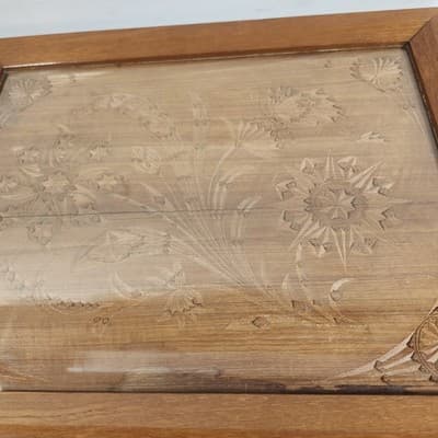 VTG Serving Tray Hand Carved Floral Motif W/ Glass Inlay 20.5" X 16.5" - Thumbnail 3