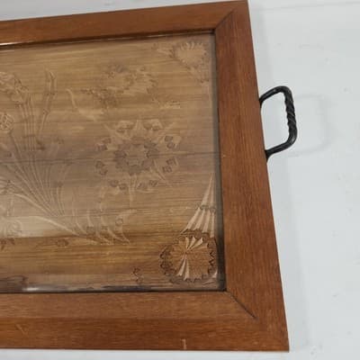 VTG Serving Tray Hand Carved Floral Motif W/ Glass Inlay 20.5" X 16.5" - Thumbnail 4