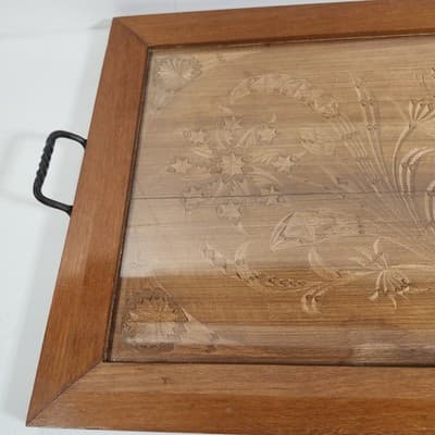 VTG Serving Tray Hand Carved Floral Motif W/ Glass Inlay 20.5" X 16.5" - Thumbnail 2
