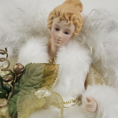 VTG Angel Tree Topper Holiday Decor 14” Gold Dress Porcelain Face Hands - Thumbnail 3