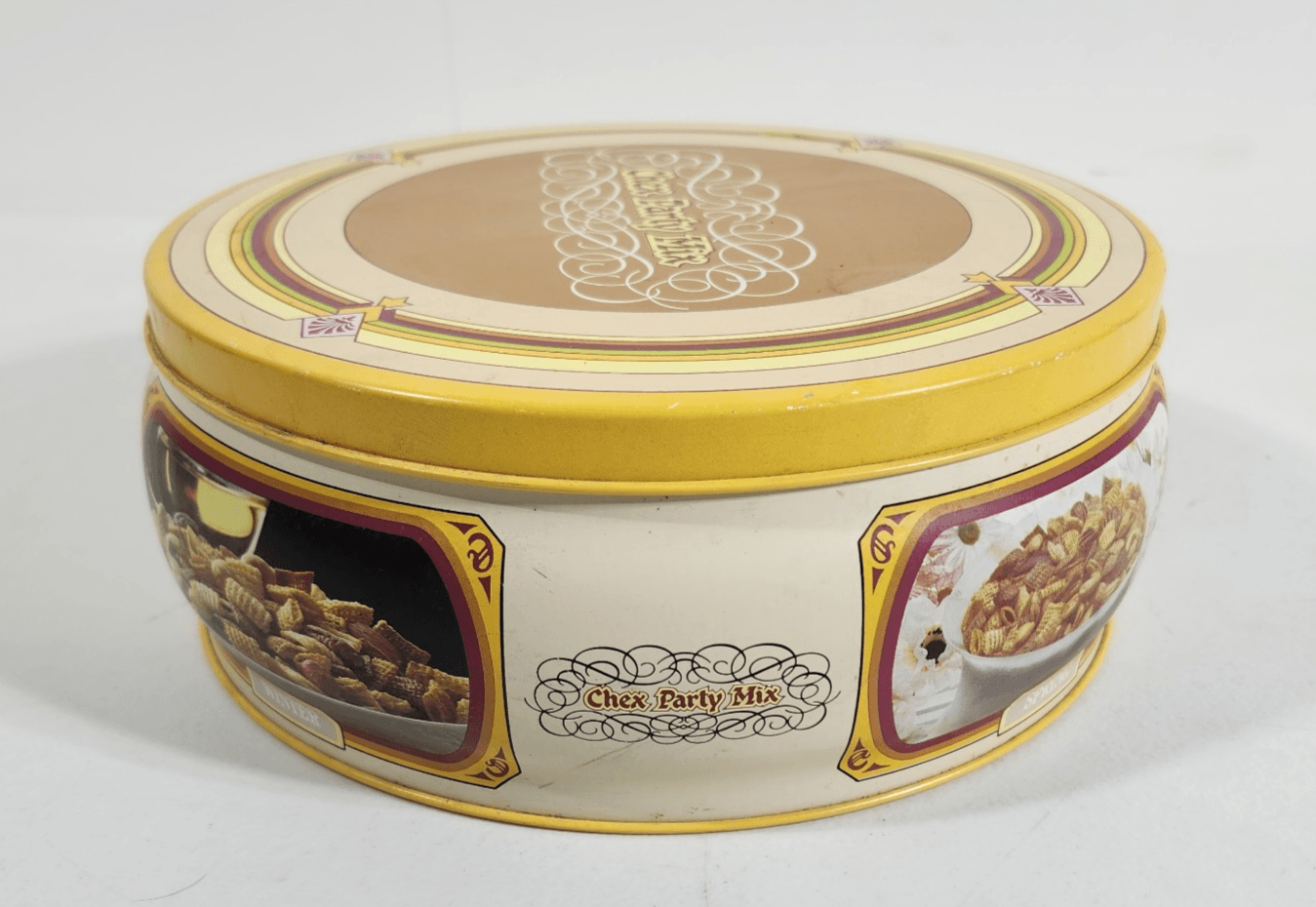 Chex Party Mix Tin Vintage 1980 Round Yellow Recipe On Back Lid 8" Four Seasons - Thumbnail 4
