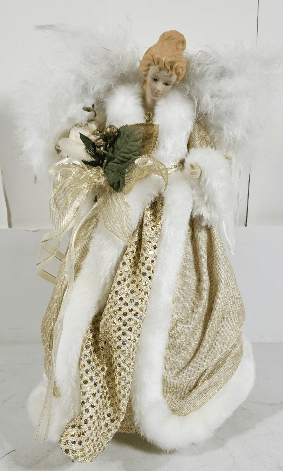VTG Angel Tree Topper Holiday Decor 14” Gold Dress Porcelain Face Hands - Thumbnail 2