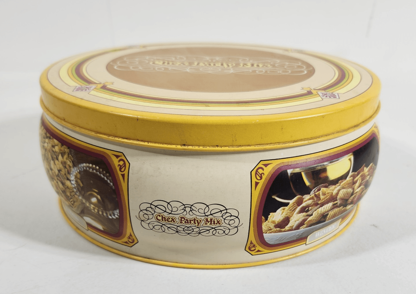 Chex Party Mix Tin Vintage 1980 Round Yellow Recipe On Back Lid 8" Four Seasons - Thumbnail 3