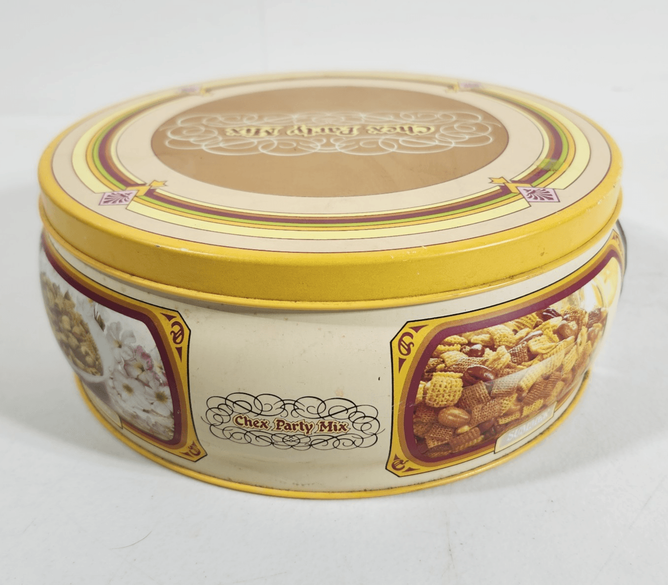 Chex Party Mix Tin Vintage 1980 Round Yellow Recipe On Back Lid 8" Four Seasons - Thumbnail 5