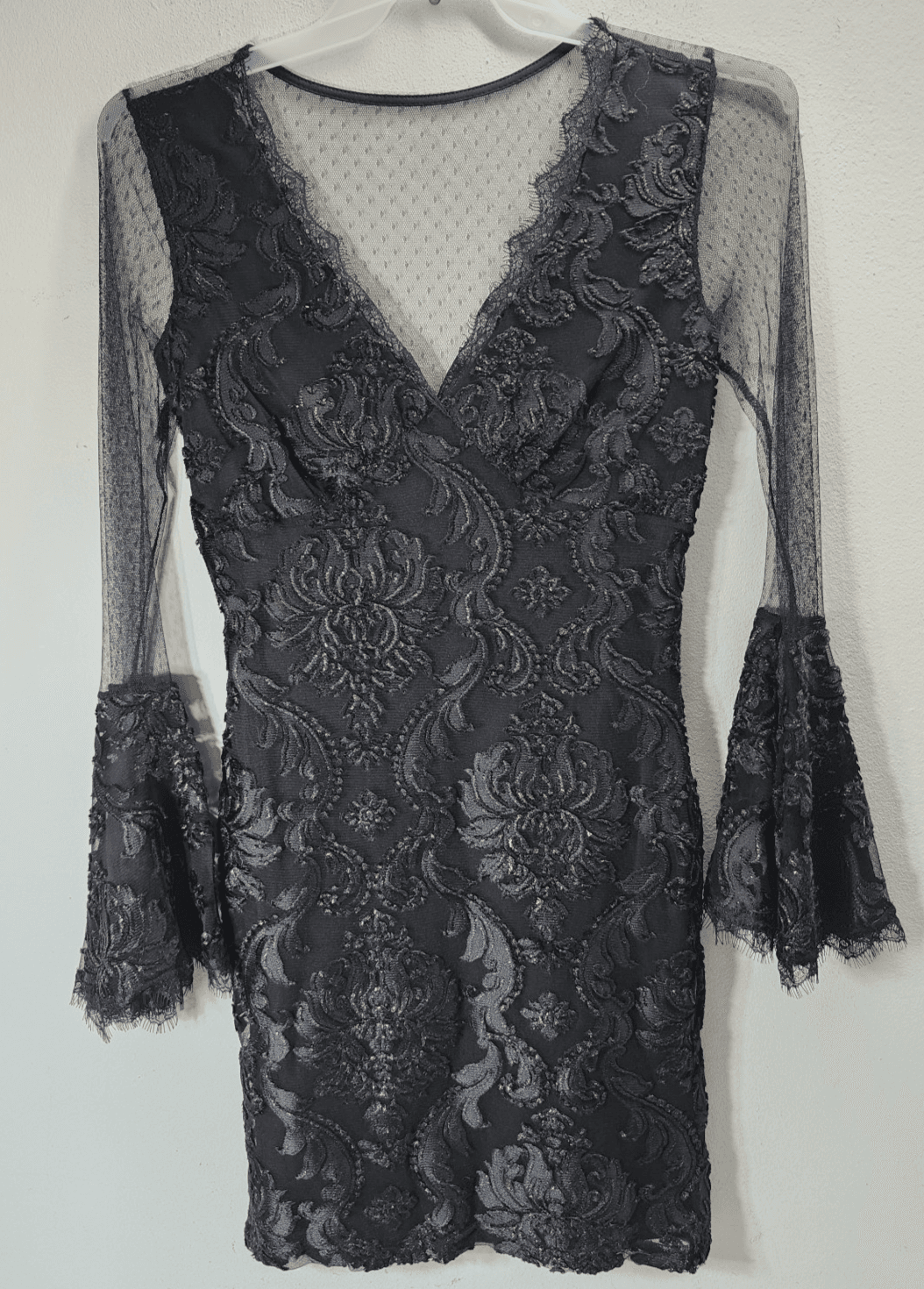 Venus Laced Black Midi Dress Womens M Fringed Sleeves Lined Nylon Blend - Thumbnail 6