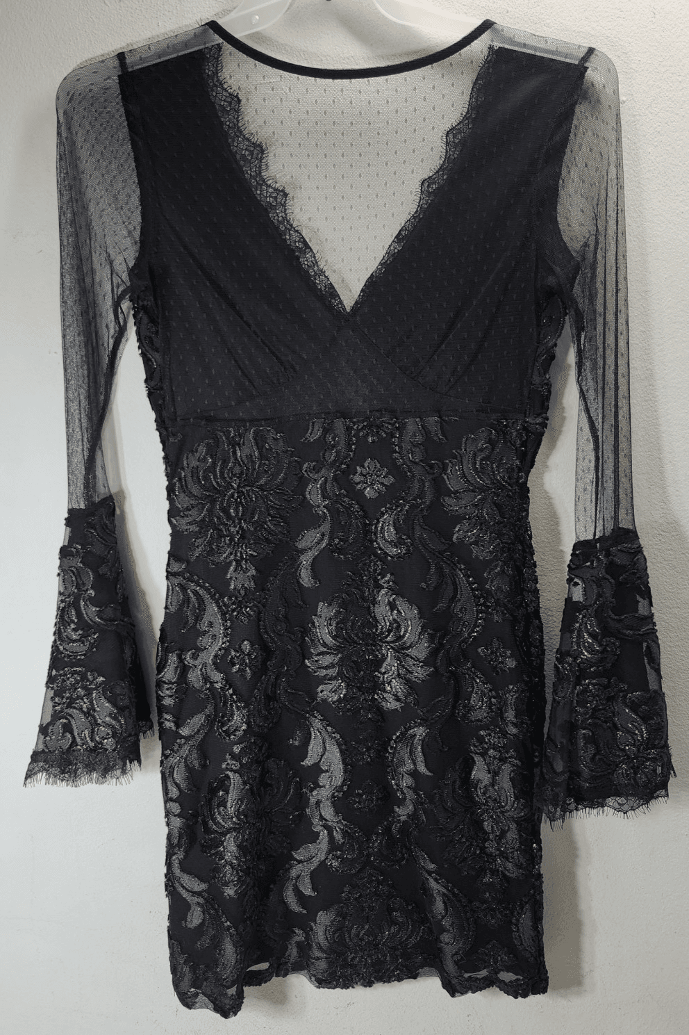 Venus Laced Black Midi Dress Womens M Fringed Sleeves Lined Nylon Blend - Thumbnail 7