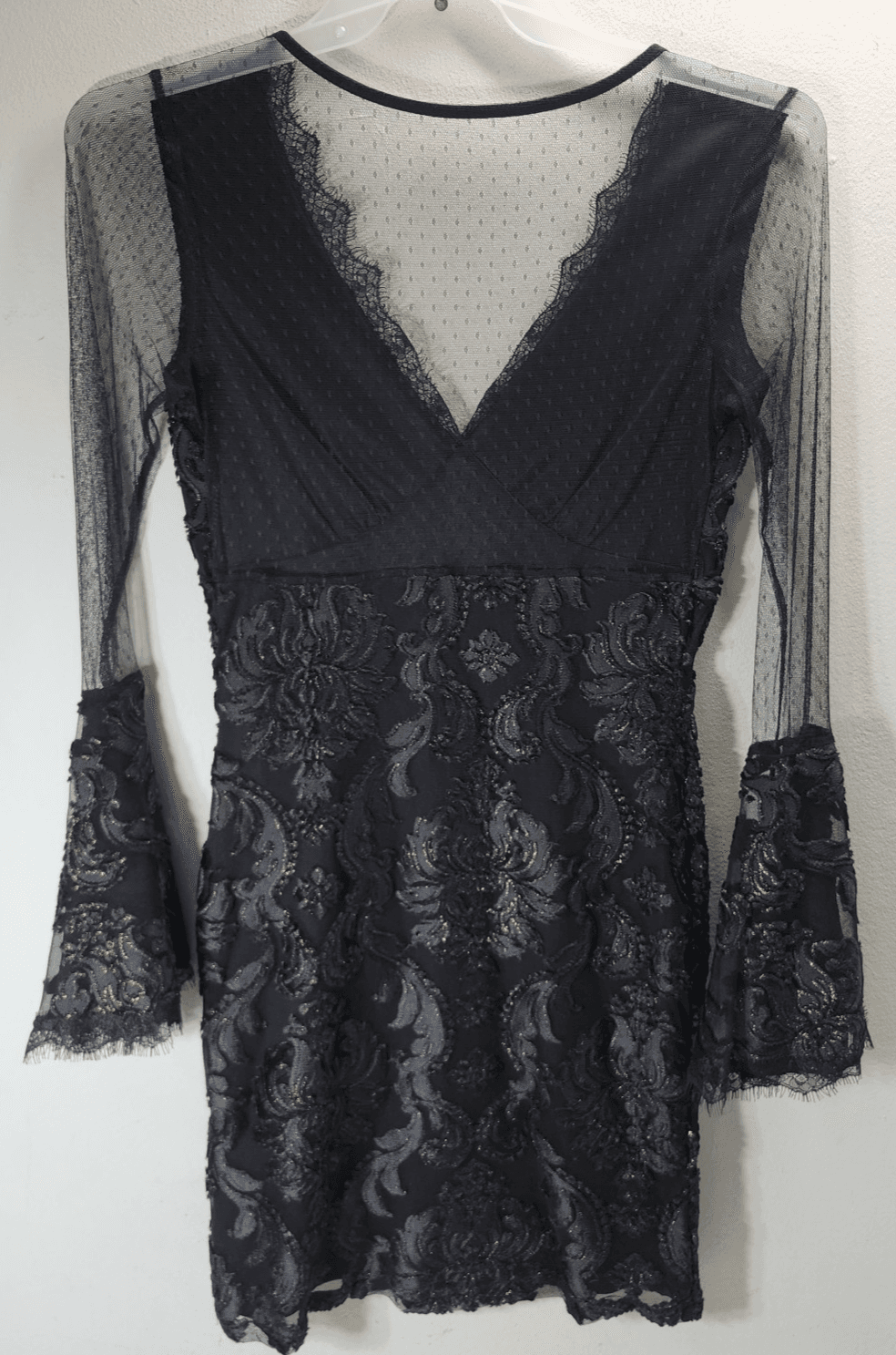 Venus Laced Black Midi Dress Womens M Fringed Sleeves Lined Nylon Blend - Thumbnail 5